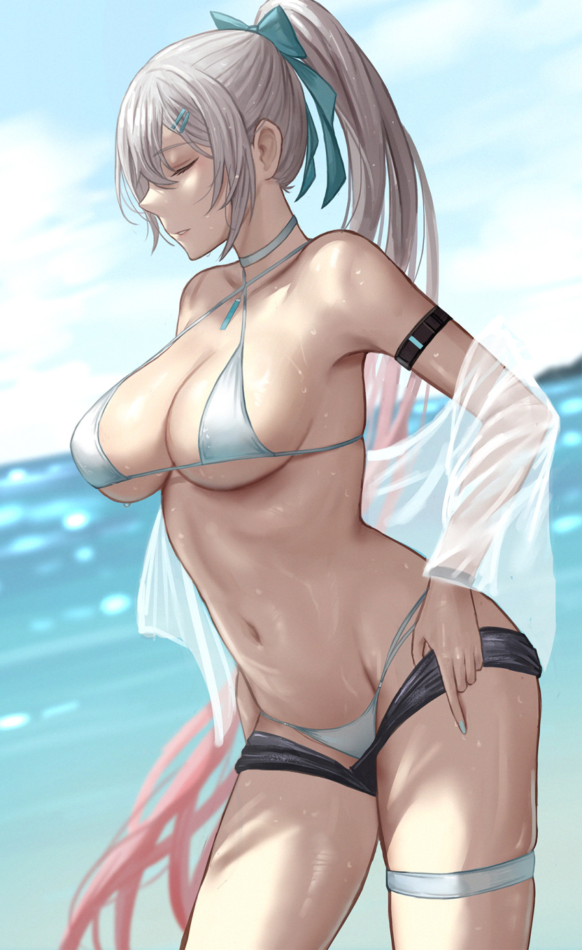 1girl arm_strap bare_shoulders bikini black_shorts blurry blurry_background breasts choker cleavage closed_eyes from_side girls'_frontline grey_hair hair_ornament hairclip highres large_breasts long_hair lwmmg_(girls'_frontline) micro_shorts navel ocean outdoors parted_lips ponytail selcky shorts sideboob smile solo swimsuit thigh_strap underboob water wet white_bikini white_choker