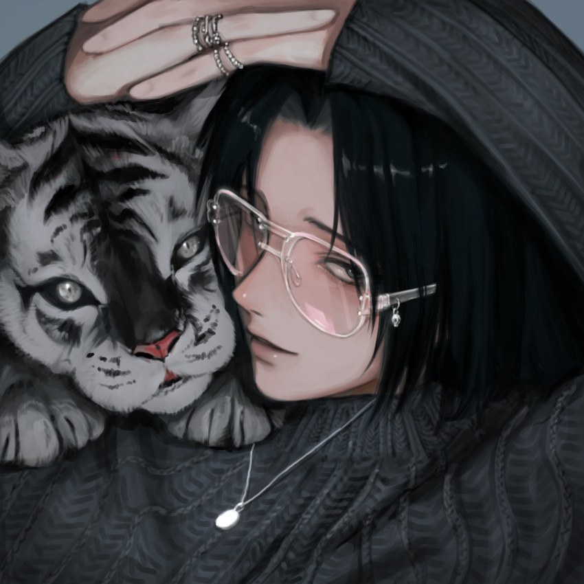 1boy animal_on_shoulder bespectacled black_hair casual feitan glasses grey_sweater hands_on_own_head hands_up highres hunter_x_hunter interlocked_fingers jewelry likeu_99 lips long_sleeves looking_at_viewer male_focus necklace own_hands_together parted_lips pendant portrait ring short_hair sideways_glance skull_ornament sweater tiger tiger_cub turtleneck turtleneck_sweater white-framed_eyewear white_tiger