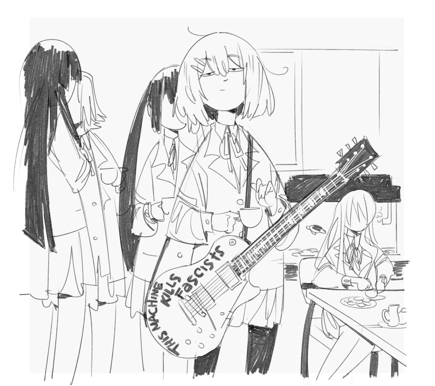 5girls :| akiyama_mio animal bangs blazer blunt_bangs blunt_ends bob_cut border chair closed_mouth cowboy_shot cropped_legs cup drink electric_guitar english_text expressionless eyebrows_visible_through_hair faceless faceless_female feet_out_of_frame fish_tank from_behind greyscale guitar gutalalaman hair_between_eyes hair_ornament hairclip half-closed_eyes hand_up hands_up hatching_(texture) highres hime_cut hirasawa_yui holding holding_cup holding_drink indoors instrument jacket k-on! kotobuki_tsumugi legs_together linear_hatching long_hair long_sleeves looking_at_viewer miniskirt monochrome multiple_girls nakano_azusa neck_ribbon on_chair outside_border pantyhose pet pleated_skirt ribbon sakuragaoka_high_school_uniform school_uniform short_hair sitting sketch skirt solo_focus standing straight_hair strap table tainaka_ritsu teacup ton-chan turtle twintails very_long_hair white_border wing_collar