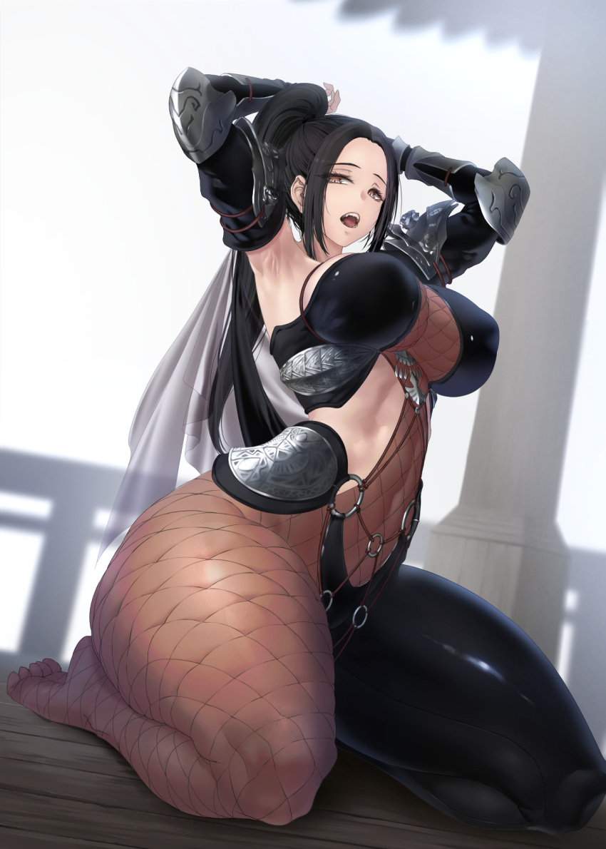 1girl armpits arms_behind_head arms_up bangs black_hair breasts brown_eyes forehead highres large_breasts limeblock long_hair open_mouth original parted_bangs ponytail sidelocks sitting solo thick_thighs thighs wariza