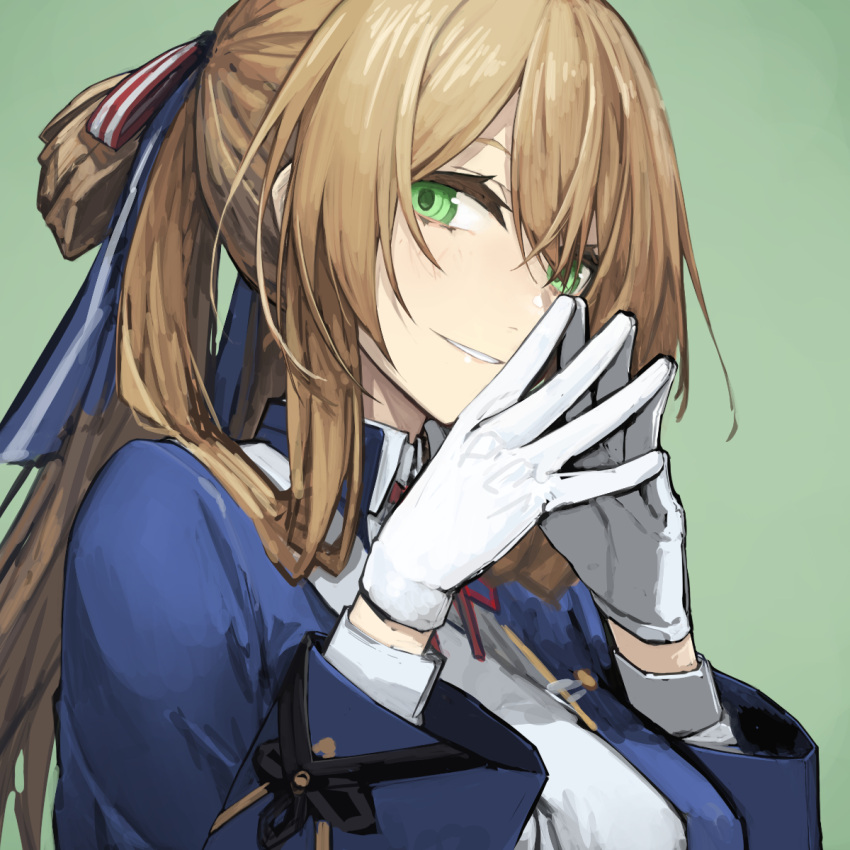1girl bangs banned_artist blue_jacket breasts girls'_frontline gloves green_background green_eyes hair_between_eyes hair_ribbon hair_rings highres jacket long_hair long_sleeves looking_at_viewer mikoto_(oi_plus) parted_lips ponytail ribbon simple_background solo springfield_(girls'_frontline) steepled_fingers upper_body white_gloves