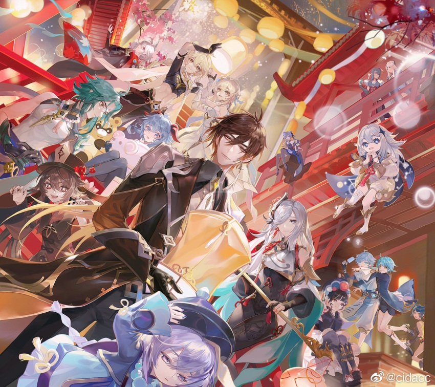 6+boys 6+girls :d aether_(genshin_impact) ahoge architecture arm_up armor bangs bead_necklace beads beidou_(genshin_impact) black_gloves black_legwear black_pants black_shirt blue_eyes blue_hair blunt_bangs bonnet brown_hair brown_headwear carrying_overhead cherry_blossoms chinese_commentary chongyun_(genshin_impact) city clothing_cutout commentary_request crop_top curled_horns dress dutch_angle earrings east_asian_architecture elbow_gloves everyone expressionless floating flower flower-shaped_pupils flower_knot food from_below ganyu_(genshin_impact) genshin_impact ghost_pose gloves green_hair grey_hair guoba_(genshin_impact) hair_between_eyes hair_ornament hair_over_one_eye half-closed_eyes hand_on_headwear hands_on_own_cheeks hands_on_own_face hands_up hat hat_flower holding holding_food holding_lantern holding_polearm holding_weapon horns hu_tao_(genshin_impact) in-universe_location japanese_armor jewelry kaedehara_kazuha keqing_(genshin_impact) kneehighs lantern light_particles long_hair looking_at_viewer lumine_(genshin_impact) multiple_boys multiple_girls necklace ningguang_(genshin_impact) nourfeiar on_stairs one_eye_covered open_mouth outdoors own_hands_together paimon_(genshin_impact) pants pantyhose paper_lantern partially_fingerless_gloves polearm popsicle porkpie_hat purple_eyes purple_hair qing_guanmao qiqi_(genshin_impact) red_eyes shenhe_(genshin_impact) shirt short_hair shoulder_armor shoulder_cutout single_earring single_thighhigh sitting smile sode stairs standing symbol-shaped_pupils tassel tassel_earrings thighhighs weapon weibo_logo weibo_username white_dress white_hair white_legwear xiangling_(genshin_impact) xiao_(genshin_impact) xingqiu_(genshin_impact) yellow_eyes yun_jin_(genshin_impact) zhongli_(genshin_impact)