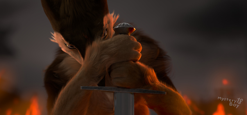 3d_(artwork) absurd_res anthro background_smoke blender_(software) bloom brown_body brown_fur digital_media_(artwork) felix_(mysteryboy18) fire fluffy fur glowing grey_background hi_res holding_object holding_weapon looking_at_viewer male melee_weapon mysteryboy18 sergal serious sidelighting simple_background solo stare sword watermark weapon