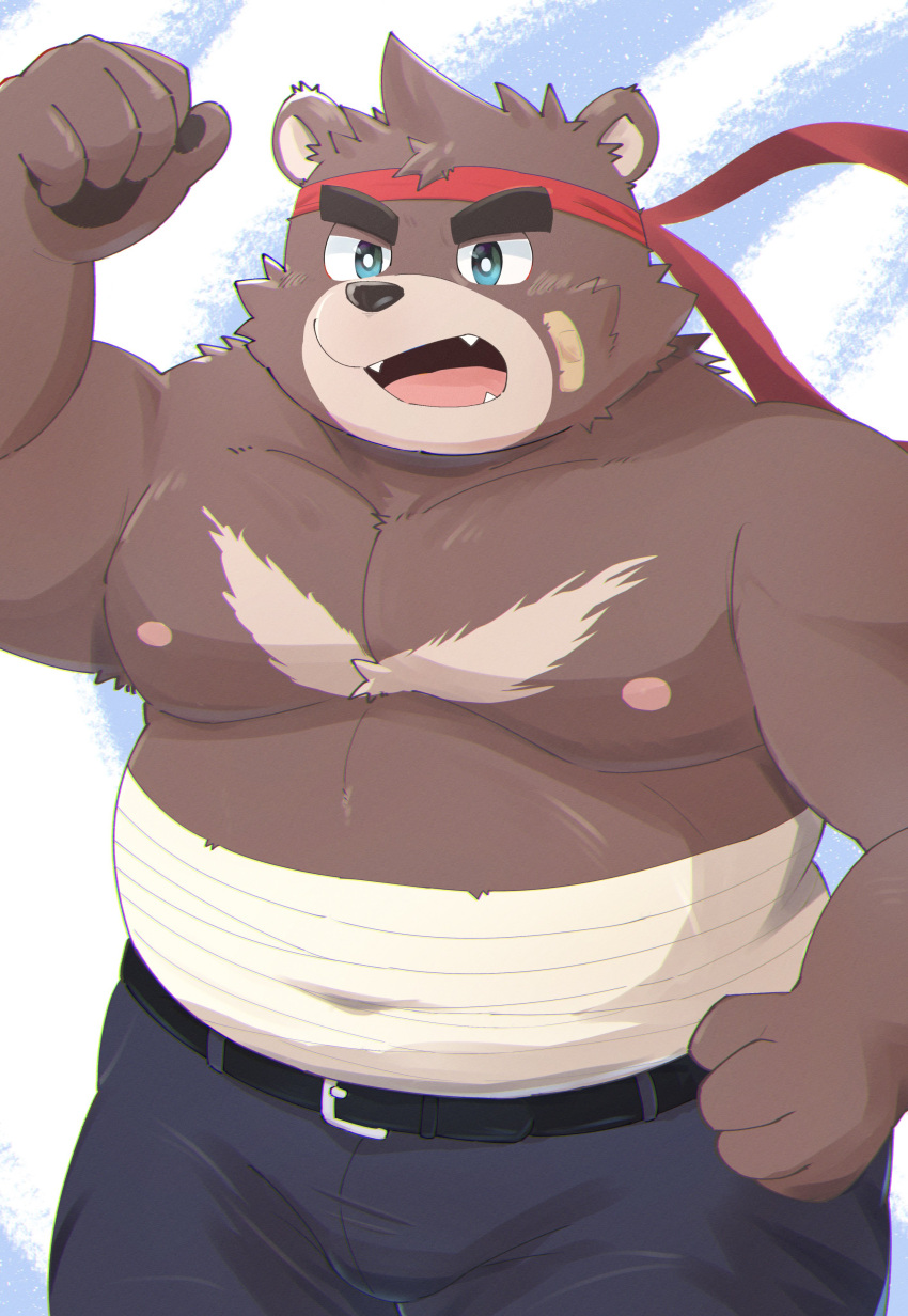 2022 absurd_res anthro band-aid bandage belly big_belly black_nose bottomwear brown_body clothing cute_fangs hi_res kemono male mammal moobs nipples overweight overweight_male pants solo ursid zuboboz