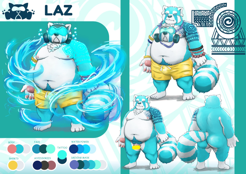 2022 absurd_res ailurid anthro balls bbard264 belly big_belly blue_body bottomwear censored clothing diving_mask english_text genitals hi_res kemono laz_(lazxuszz) magic male mammal mask model_sheet moobs navel nipples overweight overweight_male penis pubes red_panda shorts solo swimwear text water white_body