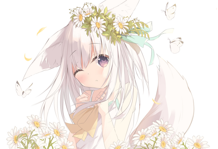 1girl ;o animal animal_ears bangs bare_arms bare_shoulders blush bow bug butterfly commentary_request dress eyebrows_visible_through_hair flower fox_ears fox_girl fox_tail hair_between_eyes hair_flower hair_ornament head_tilt highres kushida_you long_hair looking_at_viewer one_eye_closed original parted_lips petals purple_eyes simple_background sleeveless sleeveless_dress solo tail tail_raised upper_body white_background white_dress white_flower white_hair yellow_bow