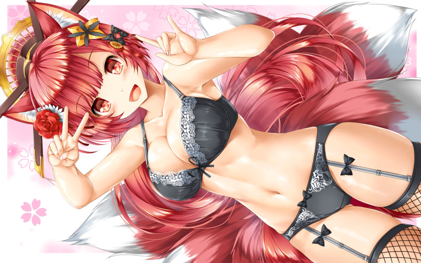1girl :d animal_ears arm_up black_bow black_bra black_panties bow bow_bra bow_panties bra breasts cleavage commentary_request fishnet_legwear fishnets floral_background flower fox_ears fox_girl fox_shadow_puppet fox_tail garter_straps gradient gradient_background hair_flower hair_ornament hand_up highres kamiya_tomoe kitsune lingerie long_hair medium_breasts navel original panties pink_background red_eyes red_flower red_hair red_rose rose smile solo tail thighhighs underwear underwear_only v very_long_hair virtual_youtuber white_background