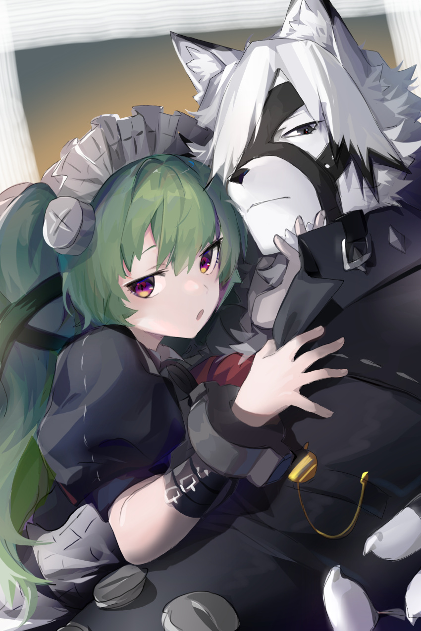 2:3 abstract_background absurd_res anthro black_clothing canid canine canis clothing cuddling duo female fur green_hair hair half-closed_eyes harness hi_res human looking_at_viewer maid_uniform male male/female mammal narrowed_eyes pigtails shabi96522 shirt topwear touching_chest touching_face uniform white_body white_clothing white_fur wolf zenless_zone_zero