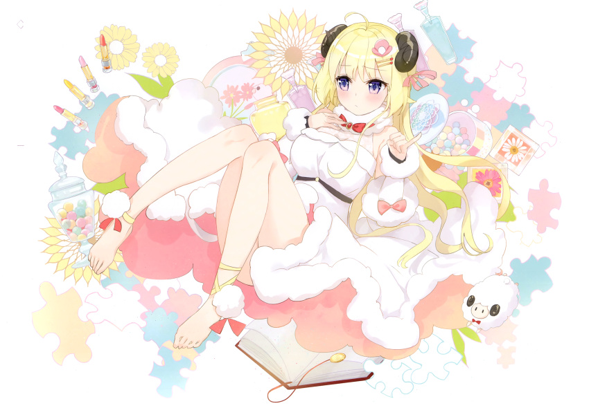 1girl absurdres ahoge ankle_ribbon bangs bare_legs bare_shoulders barefoot blonde_hair blush book bow breasts detached_sleeves dress flower full_body fur-trimmed_dress fur-trimmed_sleeves fur_collar fur_trim fuumi_(radial_engine) hair_ornament hair_ribbon hairclip hands_up highres hololive horns jigsaw_puzzle knees_together_feet_apart large_breasts leg_ribbon lipstick long_hair long_sleeves makeup open_book pink_ribbon puzzle red_bow ribbon scan sheep_girl sheep_horns sleeveless sleeveless_dress solo tsunomaki_watame very_long_hair vial virtual_youtuber white_dress yellow_flower yellow_ribbon