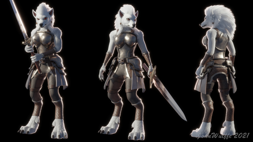 &eacute;delie_(johnwulffe) 16:9 4k absurd_res anthro armor blizzard_entertainment braided_hair canid canine canine_ears canine_teeth canis fangs female fluffy fluffy_hair fur hair hi_res johnwulffe mammal mane melee_weapon model_sheet paws plate_armor red_eyes solo sword video_games warcraft warrior weapon were werecanid werecanine werewolf white_body white_fur white_hair widescreen wolf worgen
