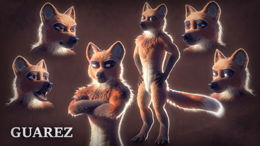 16:9 3d_(artwork) 4k abs absurd_res amber_eyes anthro athletic athletic_anthro athletic_male brown_body brown_fur canid canine canine_ears canine_teeth crotch_tuft digital_media_(artwork) fluffy fluffy_chest fluffy_tail fur guarez_(johnwulffe) hi_res johnwulffe male mammal maned_wolf model_sheet muscular muscular_anthro muscular_arms muscular_male neck_tuft solo tuft widescreen