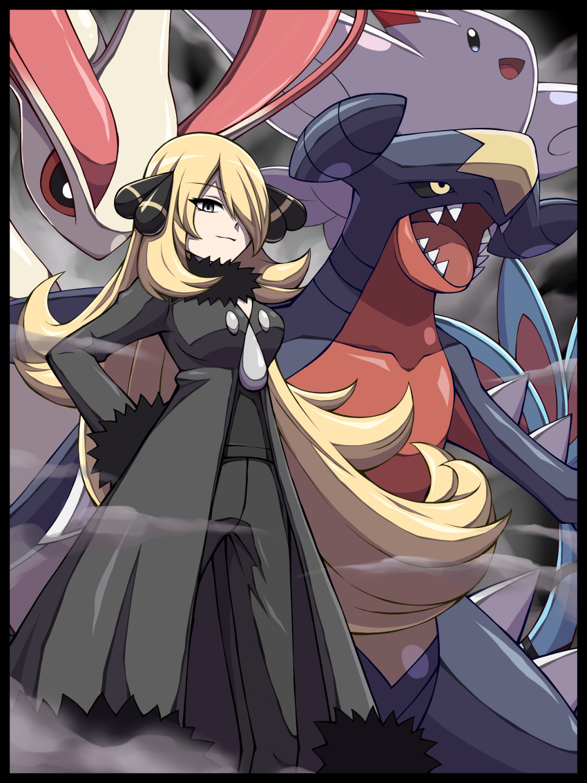 1girl absurdres black_coat black_pants black_shirt blonde_hair breasts closed_mouth coat commentary_request cynthia_(pokemon) fur-trimmed_coat fur_collar fur_trim garchomp grey_eyes hair_ornament hair_over_one_eye hand_on_hip highres long_hair long_sleeves milotic pants pokemon pokemon_(creature) pokemon_(game) pokemon_dppt shabana_may shirt smile togekiss v-neck very_long_hair wavy_hair