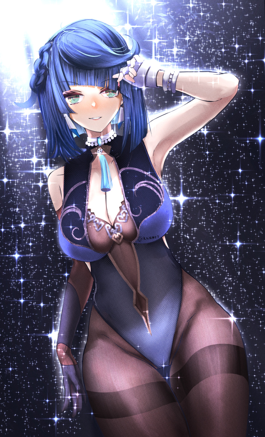 1girl adapted_costume armpits asymmetrical_gloves bangs bare_shoulders blue_hair bodystocking braid breasts cleavage clothing_cutout diagonal_bangs earrings eyebrows_visible_through_hair genshin_impact green_eyes grin highres jewelry kainines large_breasts leotard navel_cutout parted_lips smile solo twitter_username yelan_(genshin_impact)