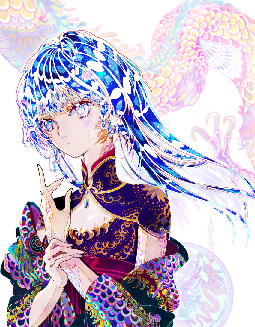 1girl 8rami2ki :| bangs blue_eyes blue_hair breasts bright_pupils cleavage closed_mouth commentary dragon dragon_girl dragon_print expressionless eyelashes fins gold_trim hand_up highres holding_own_wrist liquid_hair long_hair looking_to_the_side off_shoulder original scales short_sleeves small_breasts solo turtleneck upper_body
