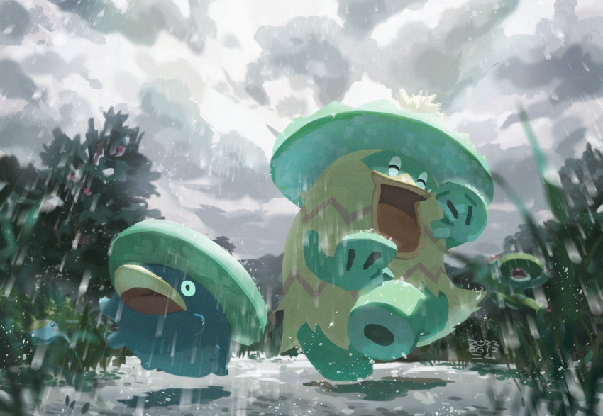 closed_eyes cloud dancing day evolutionary_line happy lombre lotad ludicolo open_mouth outdoors pokemon pokemon_(creature) ponimu puddle rain sky surskit symbol-only_commentary tongue water