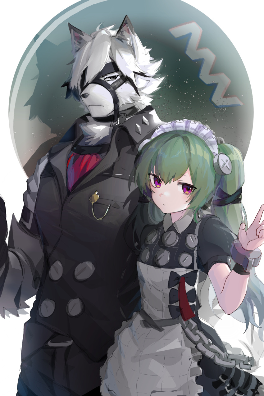 2:3 abstract_background absurd_res anthro black_clothing canid canine canis clothing duo female fur green_hair hair half-closed_eyes harness hi_res human looking_at_viewer maid_uniform male male/female mammal narrowed_eyes pigtails shabi96522 shirt topwear uniform white_body white_clothing white_fur wolf zenless_zone_zero