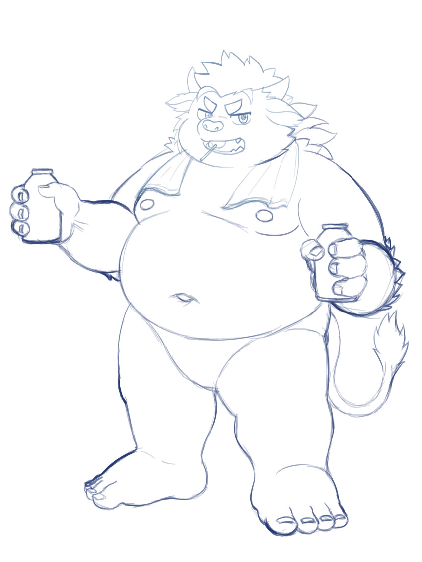 2022 3:4 absurd_res anthro babe_bunyan belly big_belly bovid bovine cattle hi_res humanoid_hands kemono lifewonders male mammal moobs navel nipples overweight overweight_male sangguri_32 simple_background solo tokyo_afterschool_summoners towel towel_around_neck video_games white_background young
