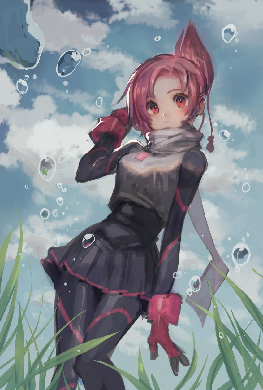 1girl absurdres arm_up black_legwear black_skirt blue_sky breasts closed_mouth commentary_request fingerless_gloves frown gloves grass hand_on_own_head high-waist_skirt highres kemurikusa miniskirt pantyhose pink_gloves pink_hair purple_gloves red_eyes rin_(kemurikusa) scarf simple_background skirt sky solo tanakalma thighhighs water water_drop white_scarf