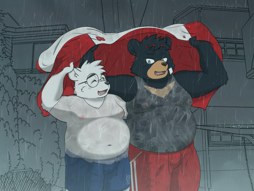 2021 4:3 absurd_res anthro belly black_body bottomwear clothing duo english_text eyes_closed eyewear glasses hi_res humanoid_hands kemono male male/male mammal moobs nipples outside overweight overweight_male pants raining sangguri_32 shorts text ursid wet white_body