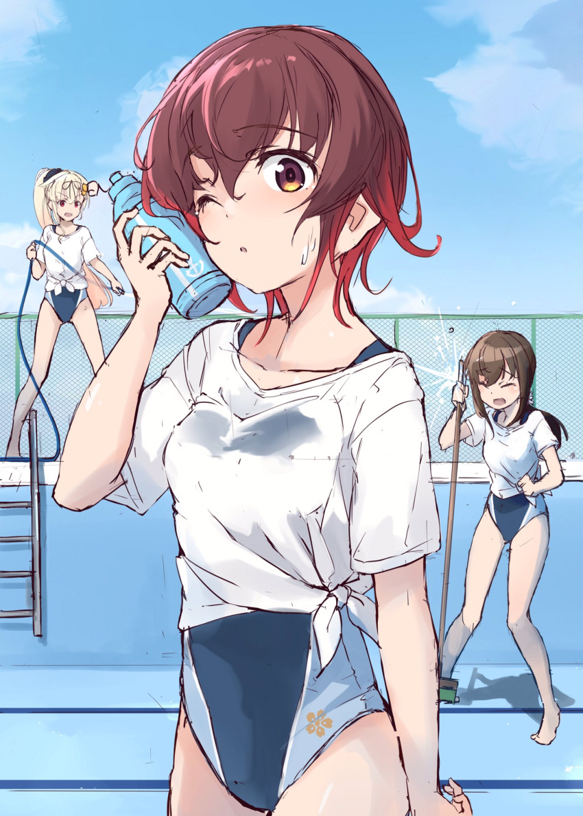 3girls alternate_hairstyle black_hair black_ribbon blonde_hair blue_sky blue_swimsuit bottle bottle_to_cheek breasts brown_eyes brown_hair chain-link_fence cleaning closed_eyes cloud cloudy_sky collarbone competition_swimsuit day empty_pool eyebrows_visible_through_hair fence fubuki_(kancolle) fubuki_kai_ni_(kancolle) gradient_hair hair_between_eyes hair_flaps highres holding holding_mop hose kantai_collection long_hair looking_at_viewer low_ponytail minosu mop multicolored_hair multiple_girls mutsuki_(kancolle) mutsuki_kai_ni_(kancolle) one-piece_swimsuit one_eye_closed outdoors ponytail pool pool_ladder red_eyes red_hair ribbon shirt short_hair short_ponytail sky small_breasts sweatdrop swimsuit swimsuit_under_clothes tied_shirt two-tone_sweater water_bottle wet wet_clothes wet_shirt white_shirt yuudachi_(kancolle) yuudachi_kai_ni_(kancolle)