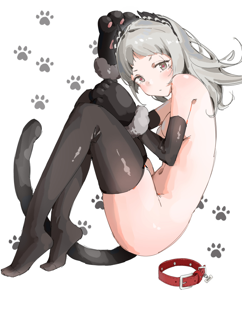 absurdres anal anal_object_insertion anal_tail animal_hands arknights black_gloves black_legwear blush breasts cat_tail chinese_commentary closed_mouth collar collar_removed commentary_request fake_tail fetal_position full_body gloves grey_eyes grey_hair head_wings highres irene_(arknights) long_hair looking_at_viewer lying medium_breasts navel nude object_insertion on_side paw_gloves paw_print paw_print_background pointy_ears shin_maboroshi skindentation tail thighhighs white_background