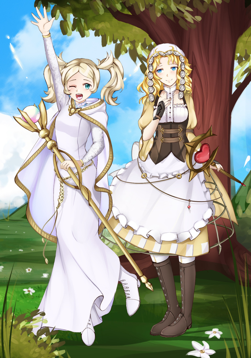 2girls apron arm_up bad_link beforedreams blonde_hair blue_eyes blue_sky boots cape cloud corset cosplay costume_switch day dress fire_emblem fire_emblem:_the_sacred_stones fire_emblem_awakening flower full_body grey_footwear hand_on_own_chest heart high_heel_boots high_heels highres holding holding_staff knee_boots lissa_(fire_emblem) lissa_(fire_emblem)_(cosplay) long_dress long_hair long_sleeves looking_at_another looking_at_viewer multiple_girls natasha_(fire_emblem) natasha_(fire_emblem)_(cosplay) one_eye_closed open_mouth outdoors puffy_short_sleeves puffy_sleeves short_sleeves sky smile staff standing tree twintails waist_apron white_apron white_cape white_dress white_flower white_footwear white_headwear yellow_dress