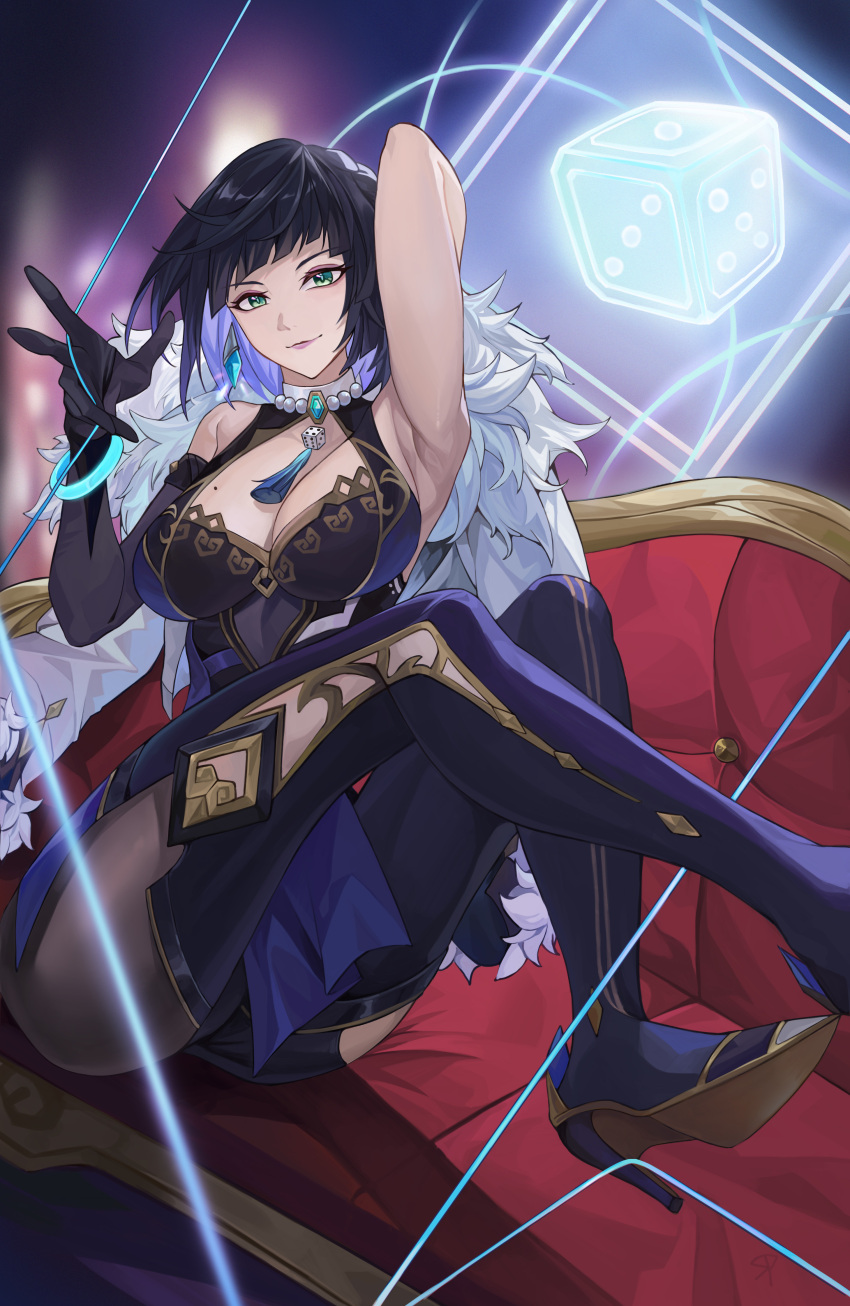 1girl absurdres aqua_eyes arm_up armpits bare_shoulders black_gloves black_hair blue_hair bracelet breasts cleavage colored_inner_hair commentary dice elbow_gloves genshin_impact gloves high_heels highres jewelry lan_xiezi large_breasts looking_at_viewer mole mole_on_breast multicolored_hair short_hair single_glove sitting sleeveless smile solo thighs yelan_(genshin_impact)