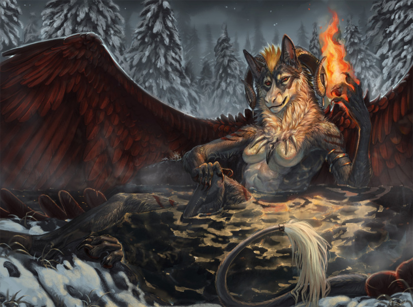 2022 anthro breasts detailed_background digital_media_(artwork) dragon feathered_dragon feathered_wings feathers female fire fur furred_dragon horn looking_at_viewer night nude nukerooster outside sky smile snow solo star starry_sky wings
