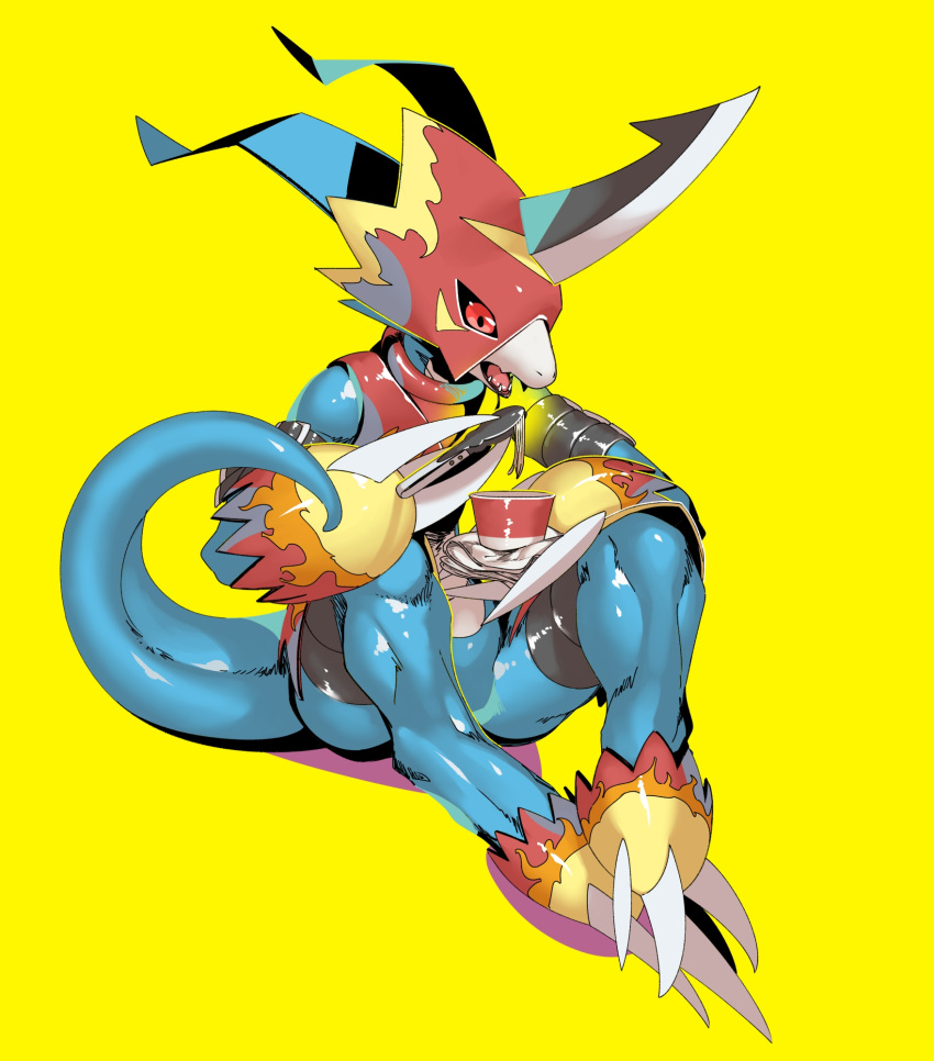 anthro armor bandai_namco blue_body digimon digimon_(species) eating flamedramon food hi_res horn muscular_legs noodles ramen red_eyes simple_background skink_hisshiss solo straps tongs tools yellow_background