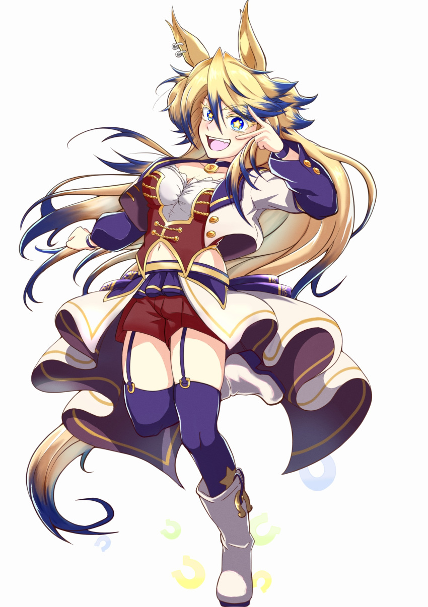 absurdres animal_ears bangs blue_eyes boots breasts choker cleavage colored_tips common_race_outfit_(umamusume) cropped_jacket ear_piercing full_body garter_straps half-skirt highres horse_ears horse_girl horse_tail horseshoe jacket jose_(joseeidossei) long_hair long_sleeves medium_breasts multicolored_hair navel obey_your_master_(umamusume) open_mouth piercing purple_legwear red_shorts red_vest shirt shorts simple_background smile standing standing_on_one_leg star-shaped_pupils star_(symbol) symbol-shaped_pupils tail teeth thighhighs umamusume umamusume:_cinderella_gray upper_teeth v_over_eye vest white_background white_jacket white_legwear white_shirt