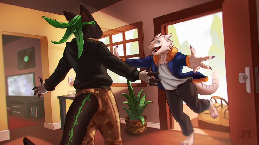 absurd_res anthro building clothed clothing composition detailed_background dinosaur disc_jockey dromaeosaurid duo echo echo_the_raptor embrace hi_res house hug interior_background kathai lizard male male/male plant reptile scalie theropod twitch_(disambiguation)