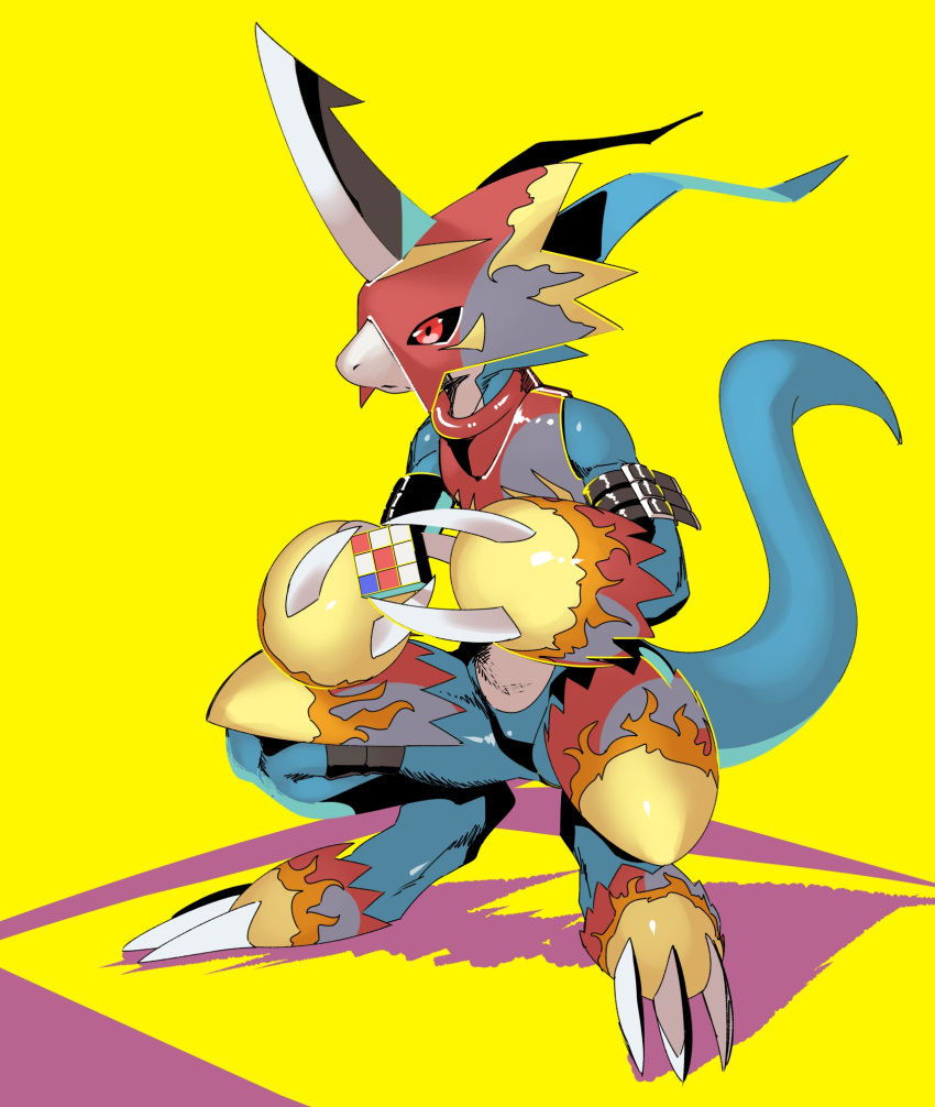 anthro armor bandai_namco blue_body claws crouching cube digimon digimon_(species) flamedramon hi_res horn male puzzle red_eyes rubik's_cube simple_background skink_hisshiss solo straps yellow_background