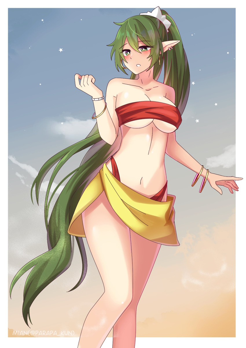 1girl bandeau bangle bangs bare_arms bare_legs bare_shoulders bikini blush bracelet breasts collarbone commentary commission english_commentary eyebrows_visible_through_hair feet_out_of_frame fire_emblem fire_emblem:_mystery_of_the_emblem green_eyes green_hair hair_between_eyes hand_up highres jewelry large_breasts long_hair mian_(parapa_kun) nagi_(fire_emblem) navel outdoors parted_lips pointy_ears ponytail red_bikini sarong second-party_source solo standing stomach strapless strapless_bikini swimsuit thighs tube_top very_long_hair