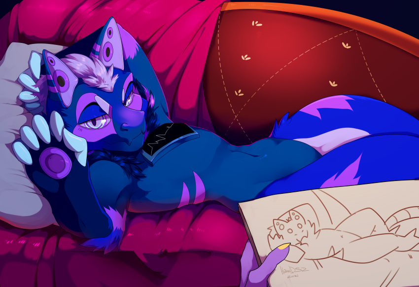 ampwave anthro bedroom_eyes blue_body blue_fur claws draw_me_like_one_of_your_french_girls drawing ekg freakuency fur furniture hakkids2 hi_res hypnotic_eyes male meme narrowed_eyes pink_body pink_fur purple_eyes seductive sketch solo speaker_ears suggestive titanic