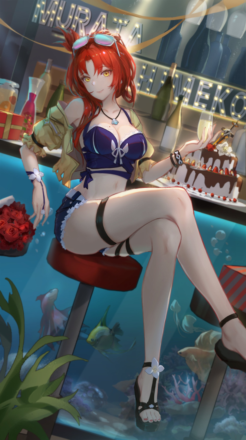 1girl absurdres alcohol bar_stool blue_shorts bottle breasts cake champagne character_name cleavage closed_mouth crossed_legs cup denim denim_shorts drinking_glass eyewear_on_head food full_body highres holding holding_cup honkai_(series) honkai_impact_3rd jacket jewelry looking_at_viewer mole mole_on_breast murata_himeko murata_himeko_(scarlet_fusion) nail_polish navel necklace red_hair red_nails sandals second-party_source short_sleeves shorts sitting smile solo stool summer_uniform sunglasses taichi_(yirkorn) toenail_polish toenails toes wine_bottle wine_glass yellow_eyes yellow_jacket