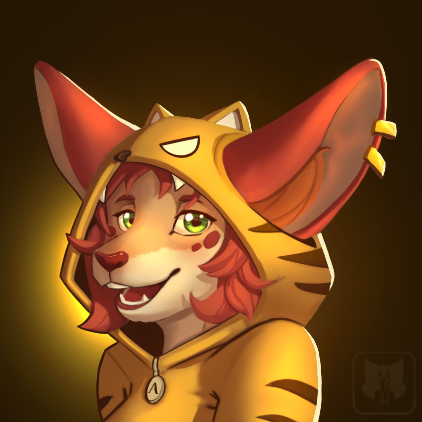 1:1 akaizer anthro canid canine clothed clothing costume ear_tag felid female female/female fennec fox green_eyes hair hi_res hiena hood kathai lion mammal painted pantherine red_hair rendered simple_background solo spoted_fur tiger tiger_costume