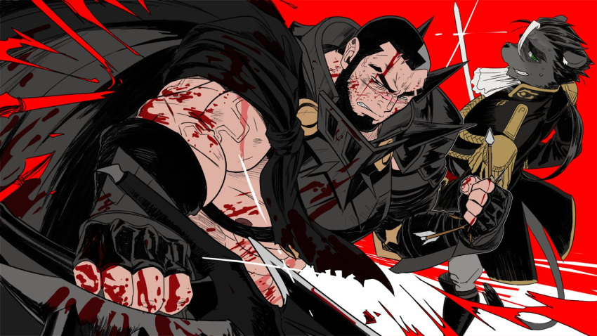 2boys abs absol_(dkqthf) angry another_eidos-r armor arrow_(projectile) ascot beard black_fur black_hair blood blood_on_clothes blood_on_face blood_on_hands boots brown_eyes buzz_cut cape clenched_hands coat collared_coat facial_hair fighting_stance fingerless_gloves furry furry_male gauntlets gloves green_eyes half-closed_eyes hellion_(another_eidos) injury kafka_(another_eidos) long_hair military military_uniform multicolored_hair multiple_boys muscular muscular_male nipples no_shirt pants pectorals ponytail scar scar_on_face scar_on_nose short_hair shoulder_pads spiked_armor spiked_hair sweat sweatdrop sword teeth thick_arms thick_eyebrows uniform veins veiny_arms very_short_hair weapon white_hair worried