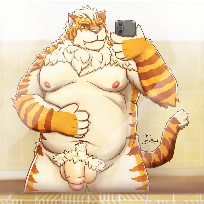 2022 absurd_res anthro balls bbard264 belly big_belly cellphone felid flaccid genitals hi_res humanoid_genitalia humanoid_hands humanoid_penis kemono male mammal moobs navel nipples overweight overweight_male pantherine penis phone pubes smartphone solo tiger