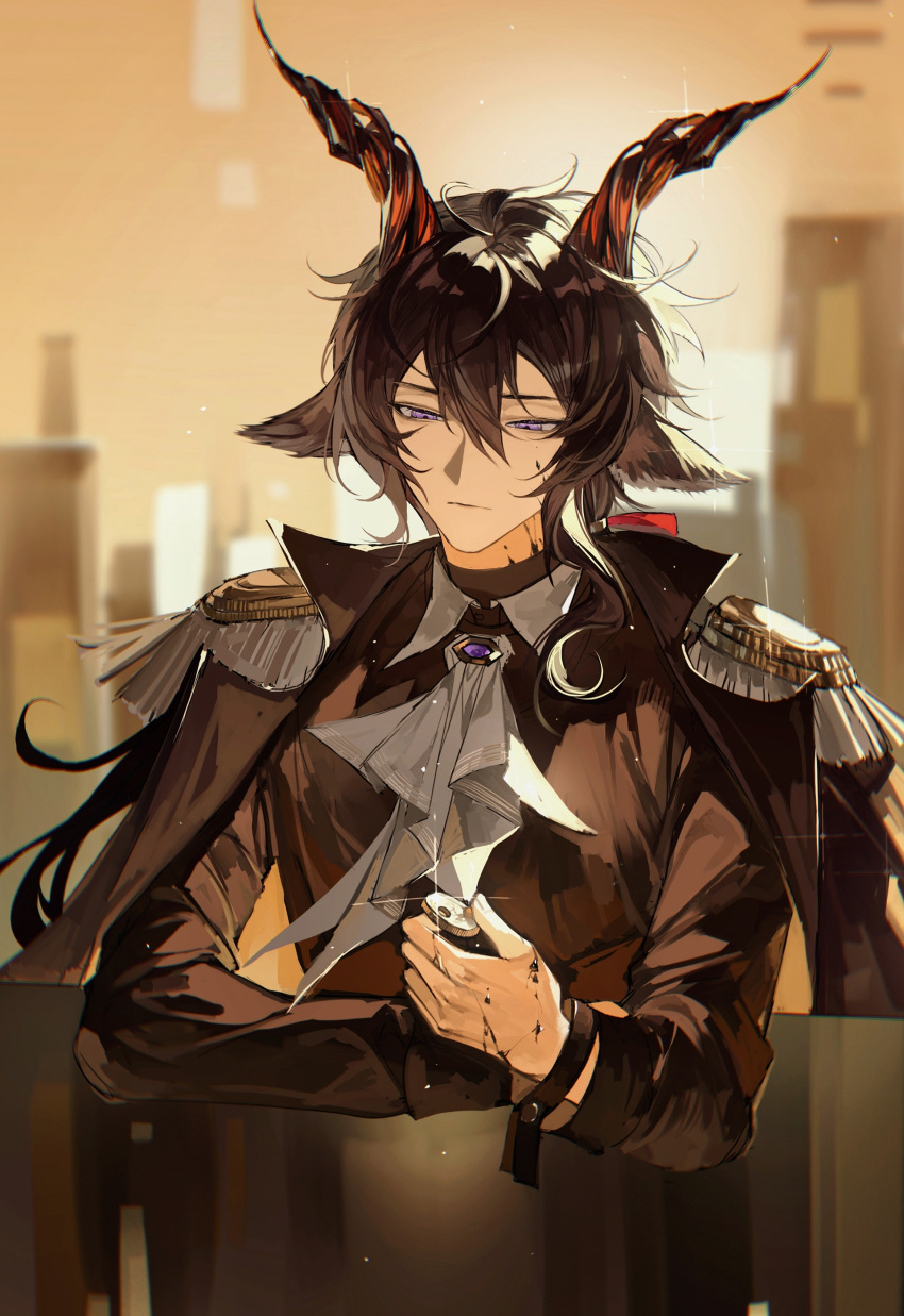 1boy absurdres animal_ears arknights ascot bangs black_hair black_jacket brooch ebenholz_(arknights) epaulettes goat_ears hair_between_eyes highres horns jacket jewelry jifei long_hair male_focus purple_eyes solo upper_body white_ascot