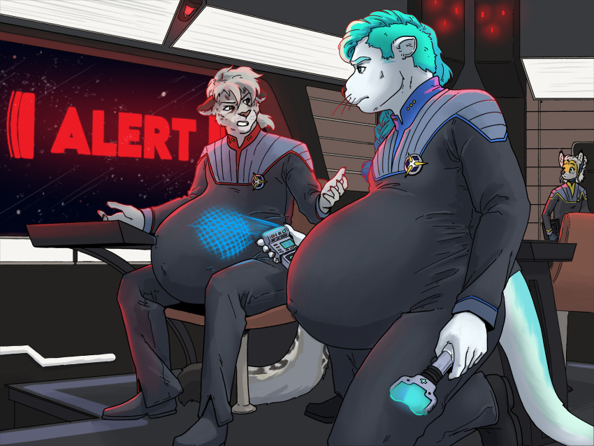 anthro chair clothing felid footwear furniture group hi_res lutrine male mammal mustelid pantherine pregnant pregnant_male scanner shoes sitting snow_leopard spacecraft star_trek synthgoblin thick_tail tricorder uniform vehicle