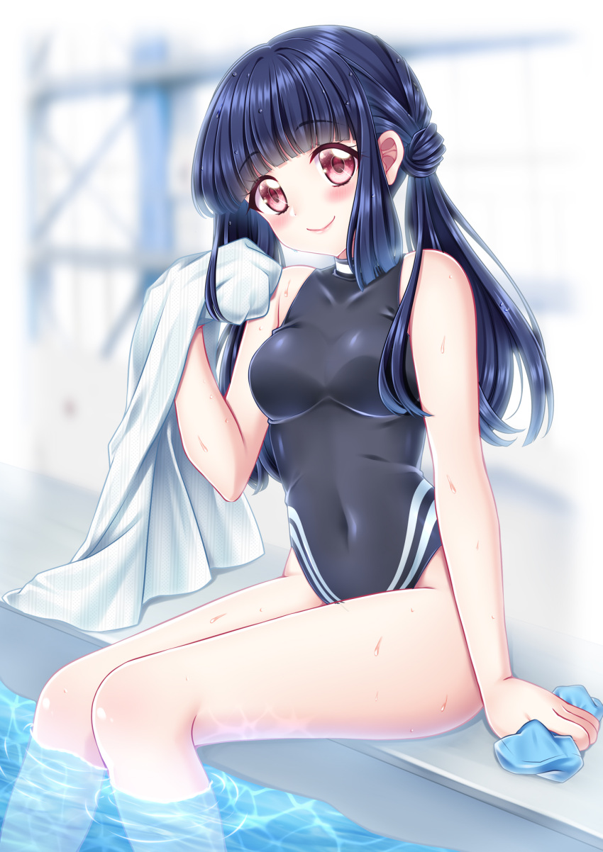 1girl black_swimsuit breasts commentary_request commission competition_swimsuit covered_navel hair_bun highres looking_at_viewer low_twintails medium_breasts one-piece_swimsuit poolside shirato_sayuri smile soaking_feet solo swimsuit tokimeki_memorial tokimeki_memorial_only_love towel turtleneck_swimsuit twintails yayoi_mina