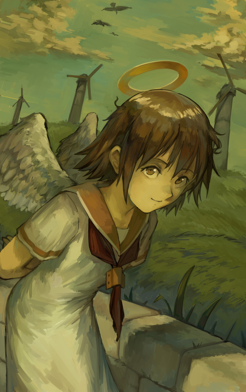 1girl absurdres angel angel_wings bangs bird brown_eyes brown_hair cloud dress feathered_wings haibane_renmei halo highres kornod leaning_forward looking_at_viewer messy_hair neckerchief orange_sailor_collar outdoors rakka_(haibane) red_neckerchief sailor_collar short_hair short_sleeves sidelocks sky smile solo standing white_dress white_wings wind_turbine wings