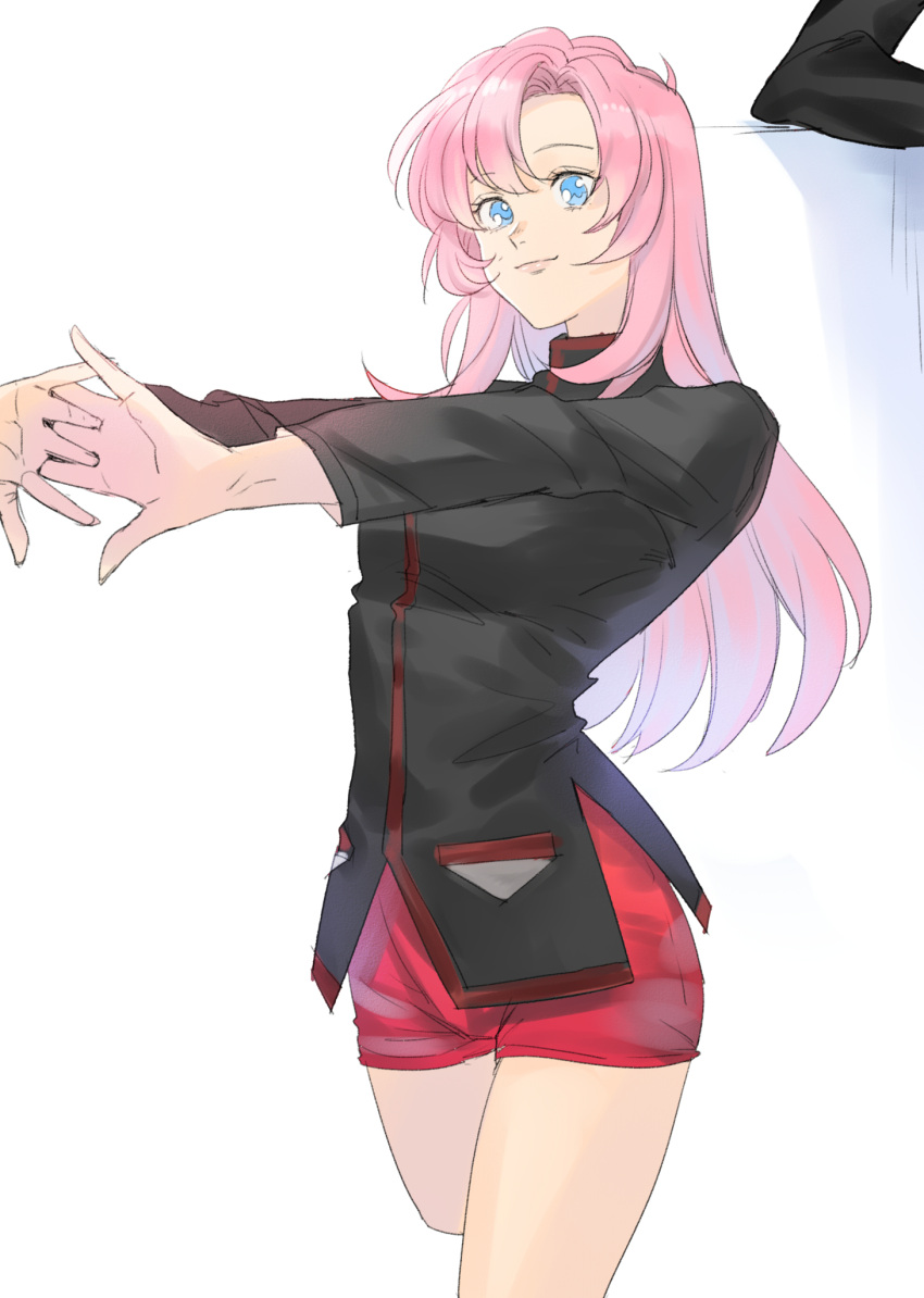 1girl bangs black_jacket blue_eyes cowboy_shot cropped_legs eyebrows_visible_through_hair highres hikarusorano jacket long_hair long_sleeves pink_hair red_shorts shiny shiny_hair short_shorts shorts shoujo_kakumei_utena sketch solo standing straight_hair stretch tenjou_utena very_long_hair white_background