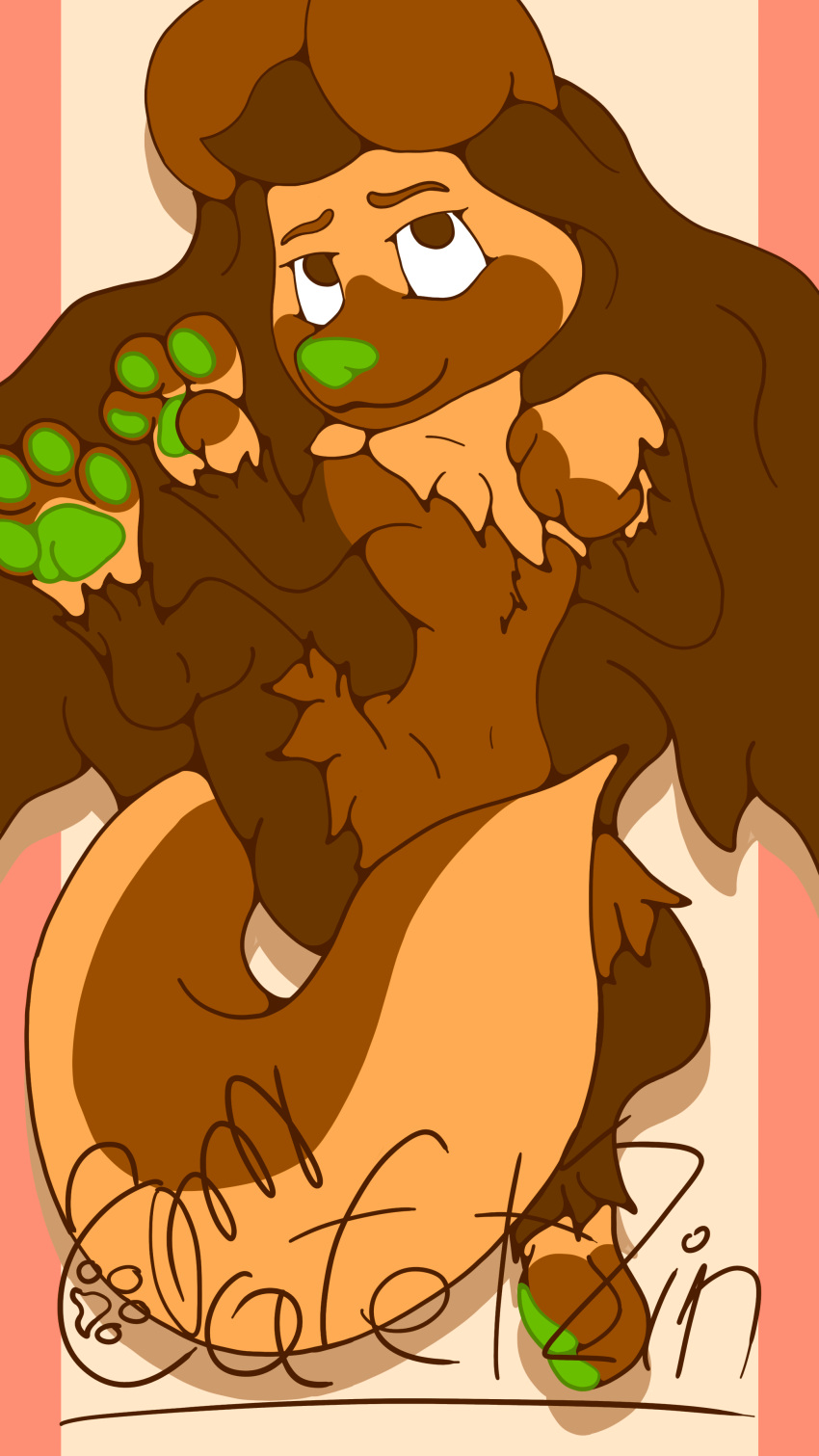 absurd_res anthro brown_body brown_eyes brown_fur brown_hair cafet'zin cafet'zin_(artist) canid canine canis covering covering_crotch covering_self domestic_dog feet fluffy fluffy_chest foot_focus fur green_nose green_paws hair hi_res long_hair lying male mammal nude on_back seductive signature simple_background solo spread_legs spreading tan_body tan_fur teenager waving_at_viewer young