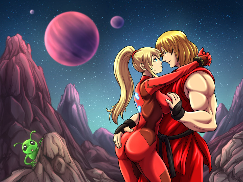 absurdres alien ass_grab blonde_hair blue_eyes bodysuit breast_grab capcom grabbing groping hands_on_ass highres holding ken_masters long_hair metroid metroid_suit non-web_source planetes ponytail samus_aran smile space street_fighter zero_suit