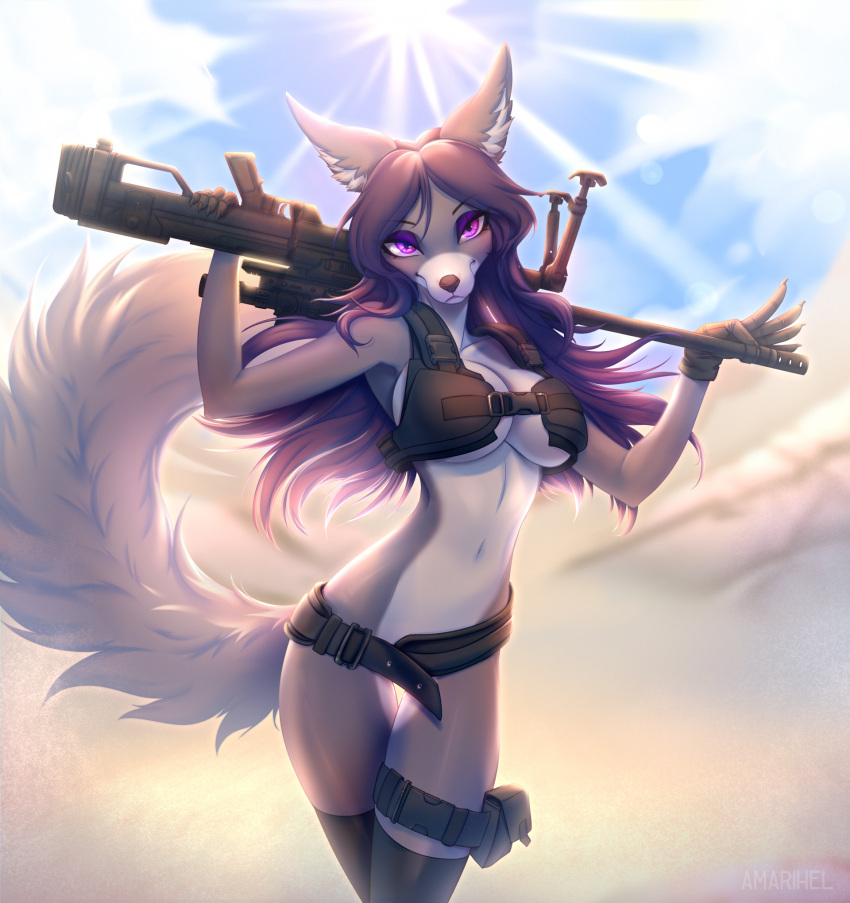 amarihel anthro canid canine canis clothed clothing convenient_censorship desert detailed_background female fur gun hair hi_res holding_object holding_weapon legwear long_tail looking_at_viewer mammal military multicolored_body multicolored_fur partially_clothed purple_eyes purple_hair ranged_weapon rifle sniper sniper_rifle solo standing stockings weapon wolf