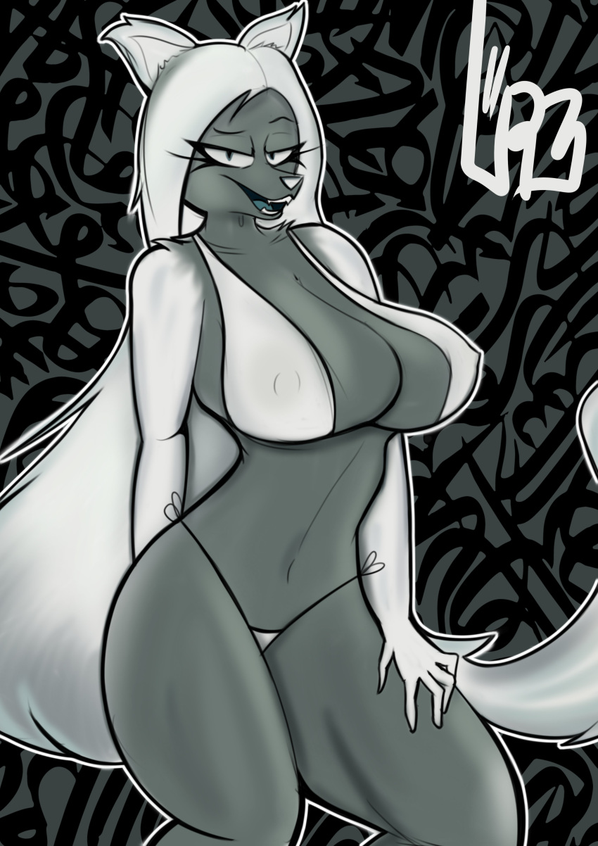 absurd_res anthro belly big_breasts big_butt black_eyebrows black_eyelashes black_eyeliner black_eyes black_makeup blue_tongue bra breasts butt clothed clothing digital_drawing_(artwork) digital_media_(artwork) eyebrows eyelashes eyeliner female fingers fluffy fluffy_tail fur grey_body grey_fur grey_skin hair hand_behind_back hand_on_leg hi_res huge_breasts long_hair long_tail looking_at_viewer makeup multicolored_body multicolored_fur multicolored_skin narrowed_eyes navel nipple_outline open_mouth panties pupils raised_eyebrow sharp_teeth signature slit_pupils smile smiling_at_viewer solo standing teeth thong tongue underwear urbanica white_body white_bra white_clothing white_ears white_fur white_hair white_nose white_panties white_skin white_tail white_underwear