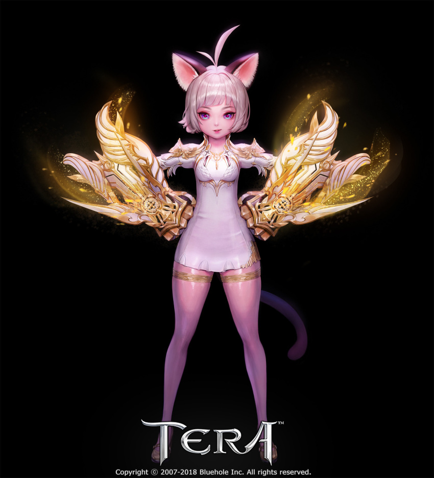 +_+ 1girl ahoge animal_ears aqua_eyes armor bangs bare_legs black_background brawler_(tera_online) breasts cat_tail copyright_name dress elin full_body gauntlets hands_on_hips highres legs_apart lips looking_at_viewer multicolored_eyes official_art parted_lips purple_eyes red_pupils sehee shoes short_dress short_hair shoulder_armor simple_background small_breasts solo standing tail tera_online white_dress white_hair