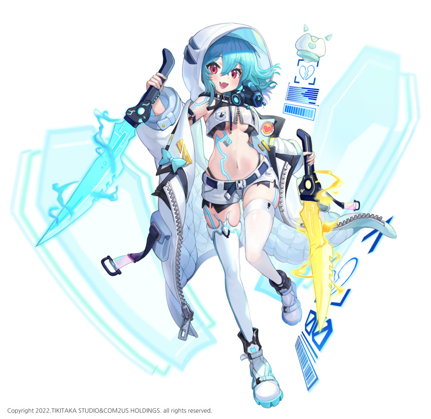 1girl :d absurdres armpits bare_shoulders belt blue_hair breasts coat copyright_request crop_top crop_top_overhang drawstring dual_wielding exposed_pocket fang full_body gas_mask highleg highres holding hood lerome looking_at_viewer mask medium_breasts medium_hair midriff navel neon_lights off_shoulder official_art open_clothes open_coat open_mouth red_eyes reverse_grip shirt shoes short_shorts shorts sleeveless sleeveless_shirt smile solo stomach sword thighhighs underboob unzipped weapon white_coat white_footwear white_legwear white_shirt white_shorts