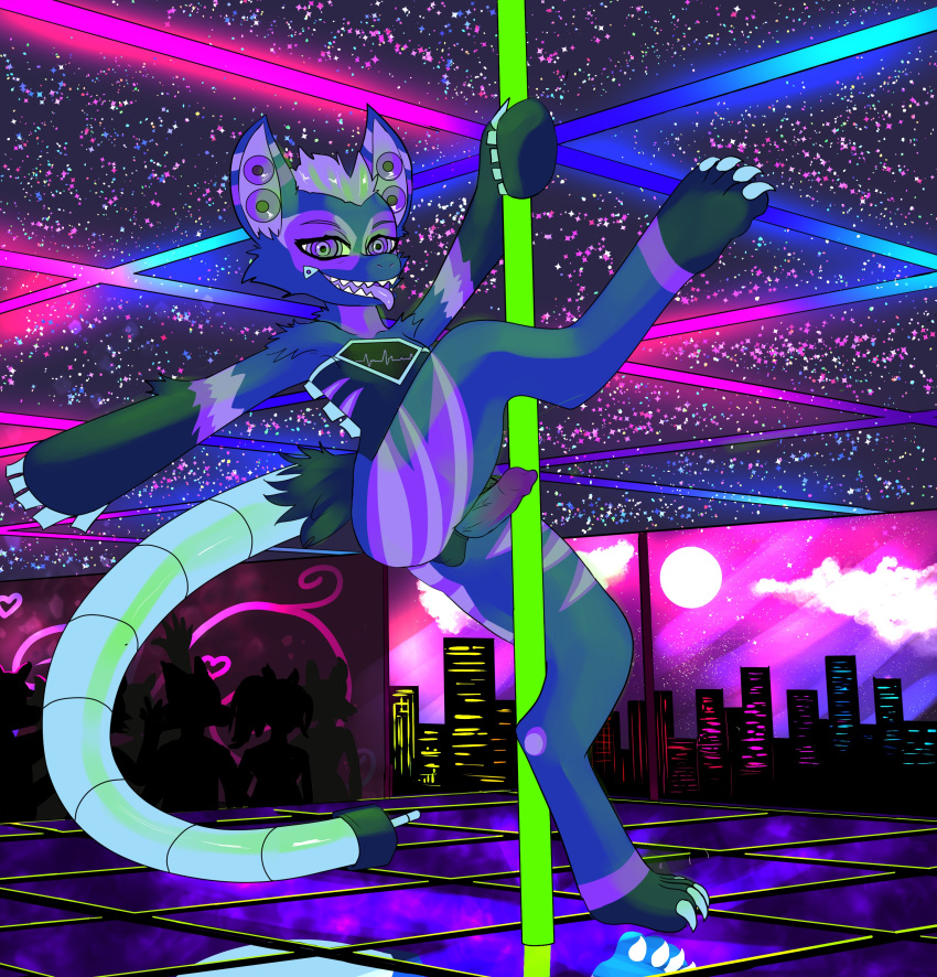 absurd_res ampwave anthro balls blue_body blue_fur bulge caliluminos claws clothing dancing ekg freakuency fur genitals hi_res hypnotic_eyes male neon neon_lights open_mouth panties penis pink_body pink_fur pole pole_dancing purple_body purple_fur rave solo speaker_ears strip_club stripes tongue tongue_out underwear